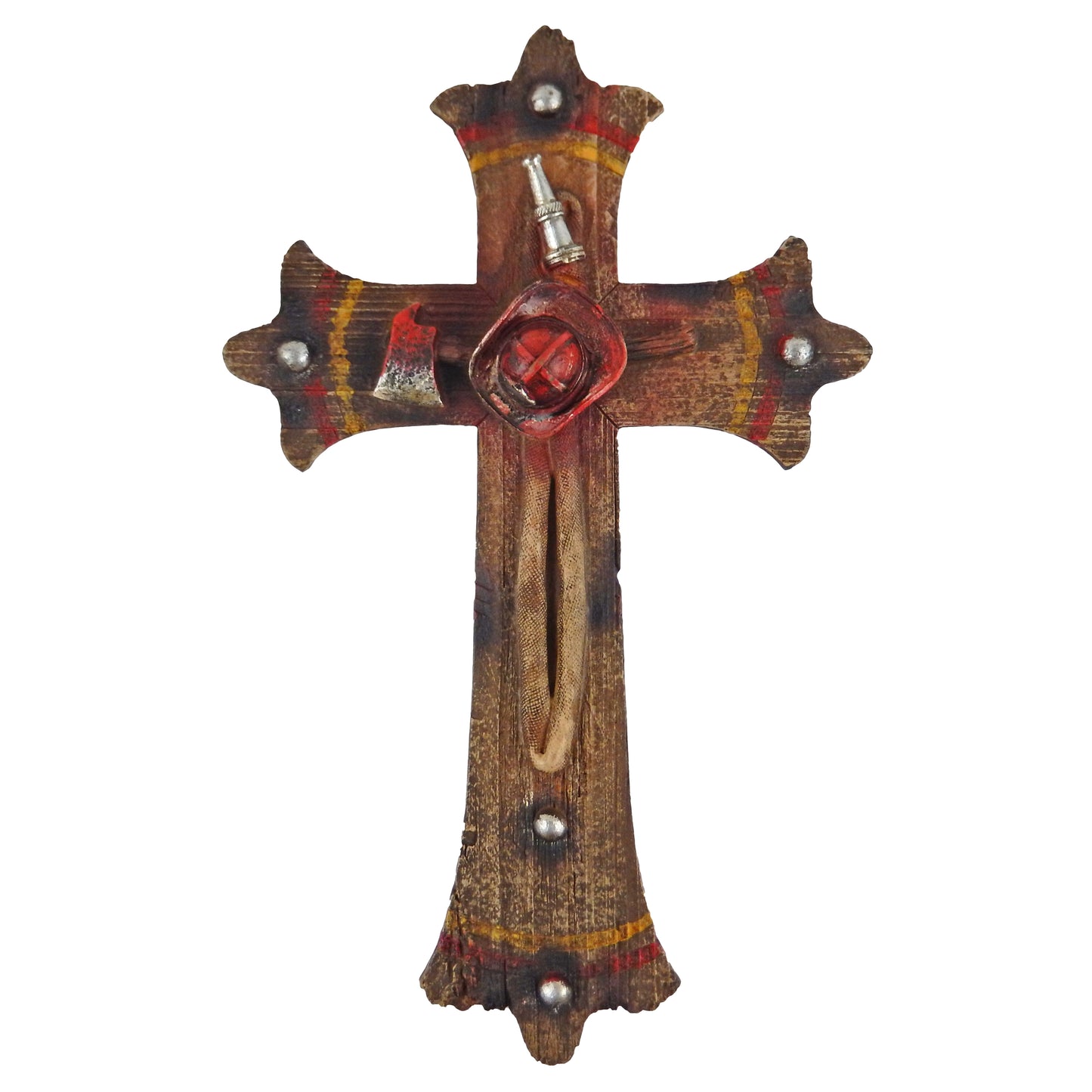 Fireman Religious Wall Cross Firefighter Helmet Fire Hose Rustic Wood Look 12 inch