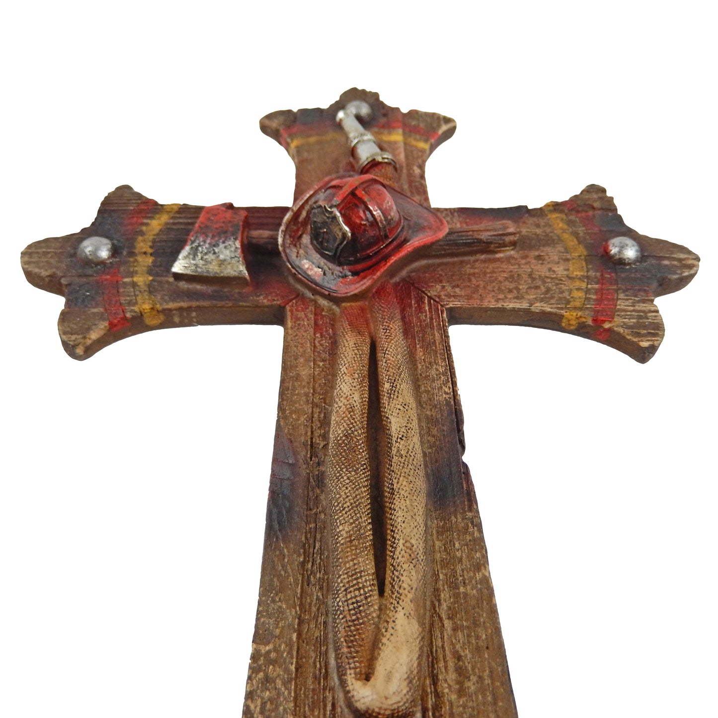 Fireman Religious Wall Cross Firefighter Helmet Fire Hose Rustic Wood Look 12 inch