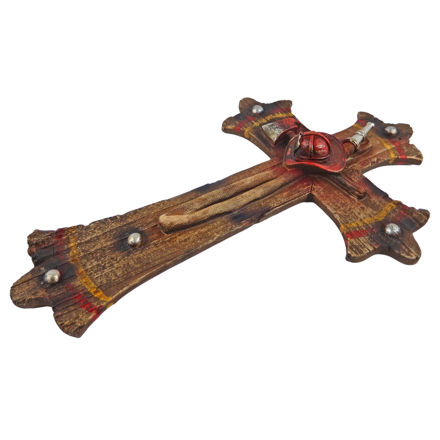 Fireman Religious Wall Cross Firefighter Helmet Fire Hose Rustic Wood Look 12 inch