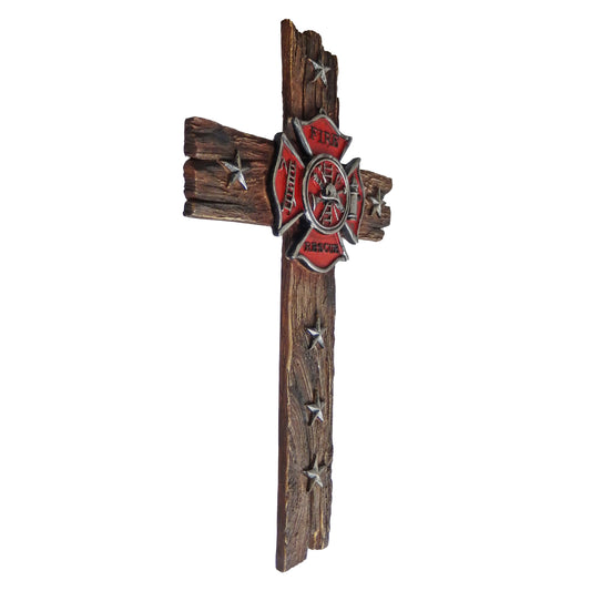 Fireman Religious Wall Cross Rustic Faux Wood Look Stars Maltese Cross 11 1/2 in
