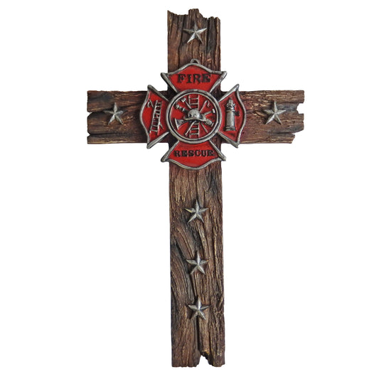 Fireman Religious Wall Cross Rustic Faux Wood Look Stars Maltese Cross 11 1/2 in