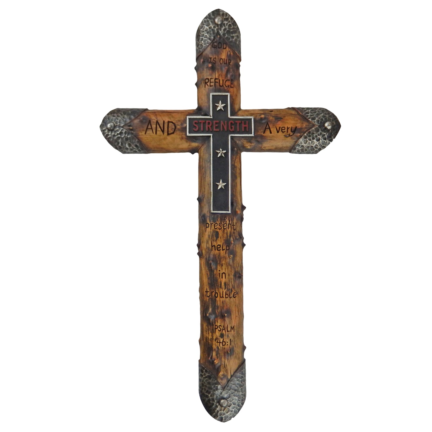 Strength Carved Inspirational Wall Cross PSALM: 46:1 Rustic Wood Look Stars 20 inch