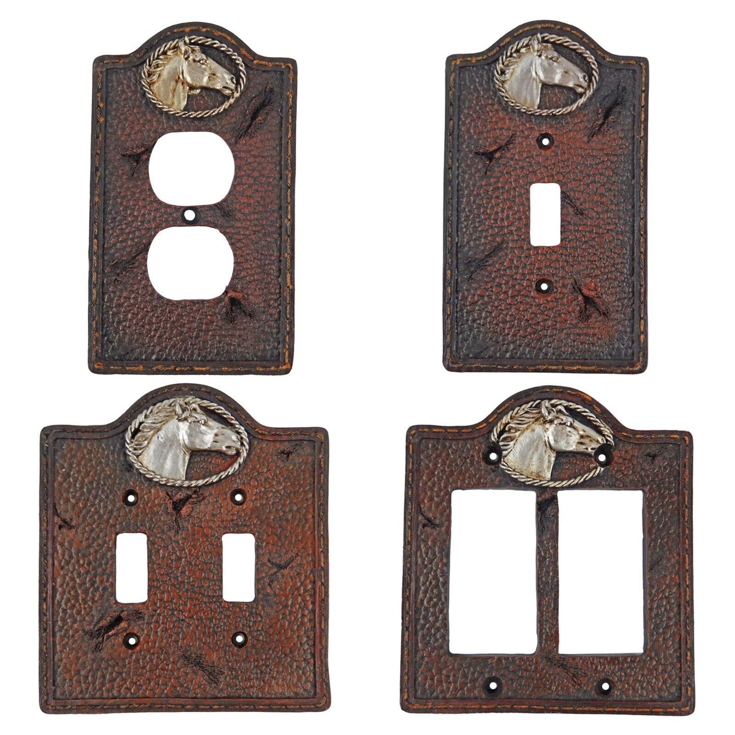 Western Silver Horse Head Wall Plate Covers Old Faux Leather Look Toggle Outlet