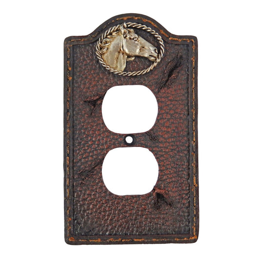Western Silver Horse Head Wall Plate Covers Old Faux Leather Look Toggle Outlet