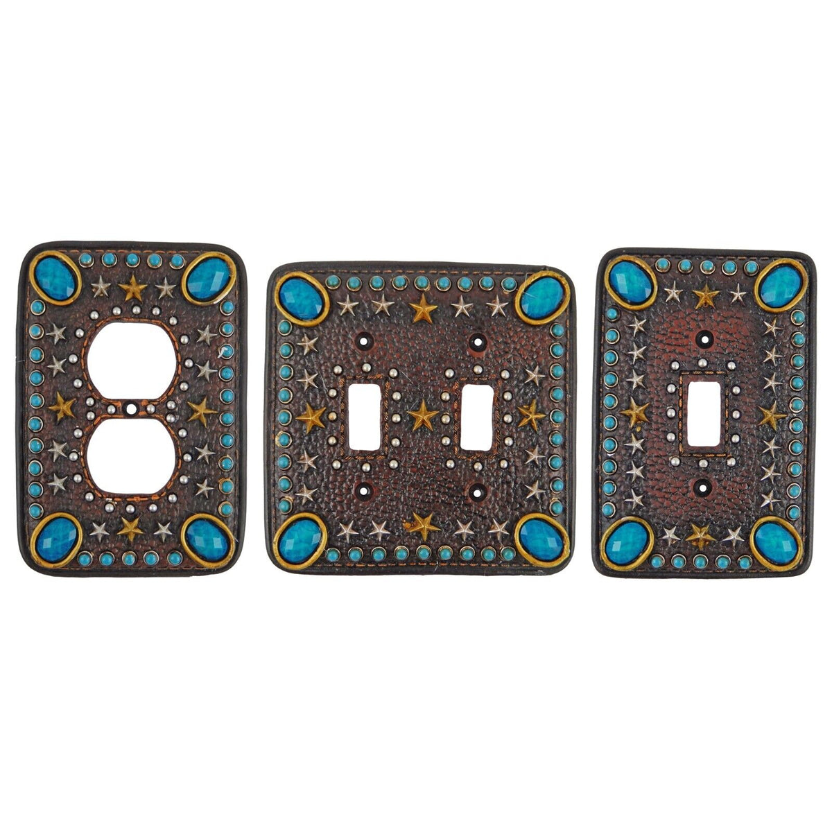 Western Switch Outlet Wall Plate Cover Turquoise Stars Leather Look Gold Silver