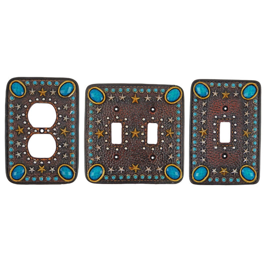 Western Switch Outlet Wall Plate Cover Turquoise Stars Leather Look Gold Silver