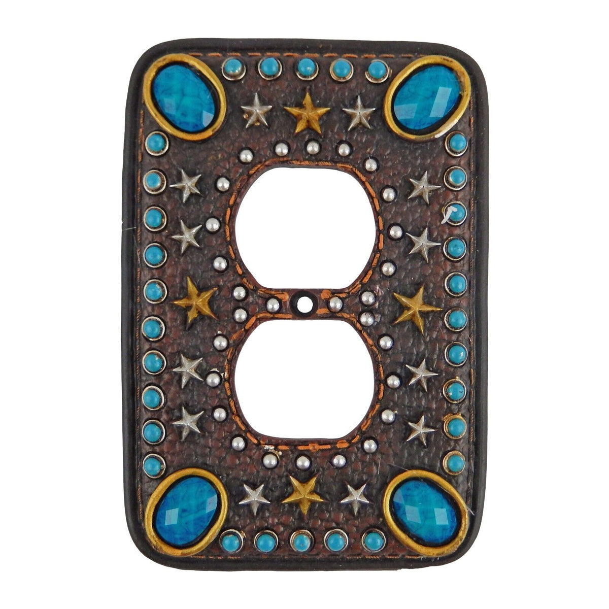 Western Switch Outlet Wall Plate Cover Turquoise Stars Leather Look Gold Silver
