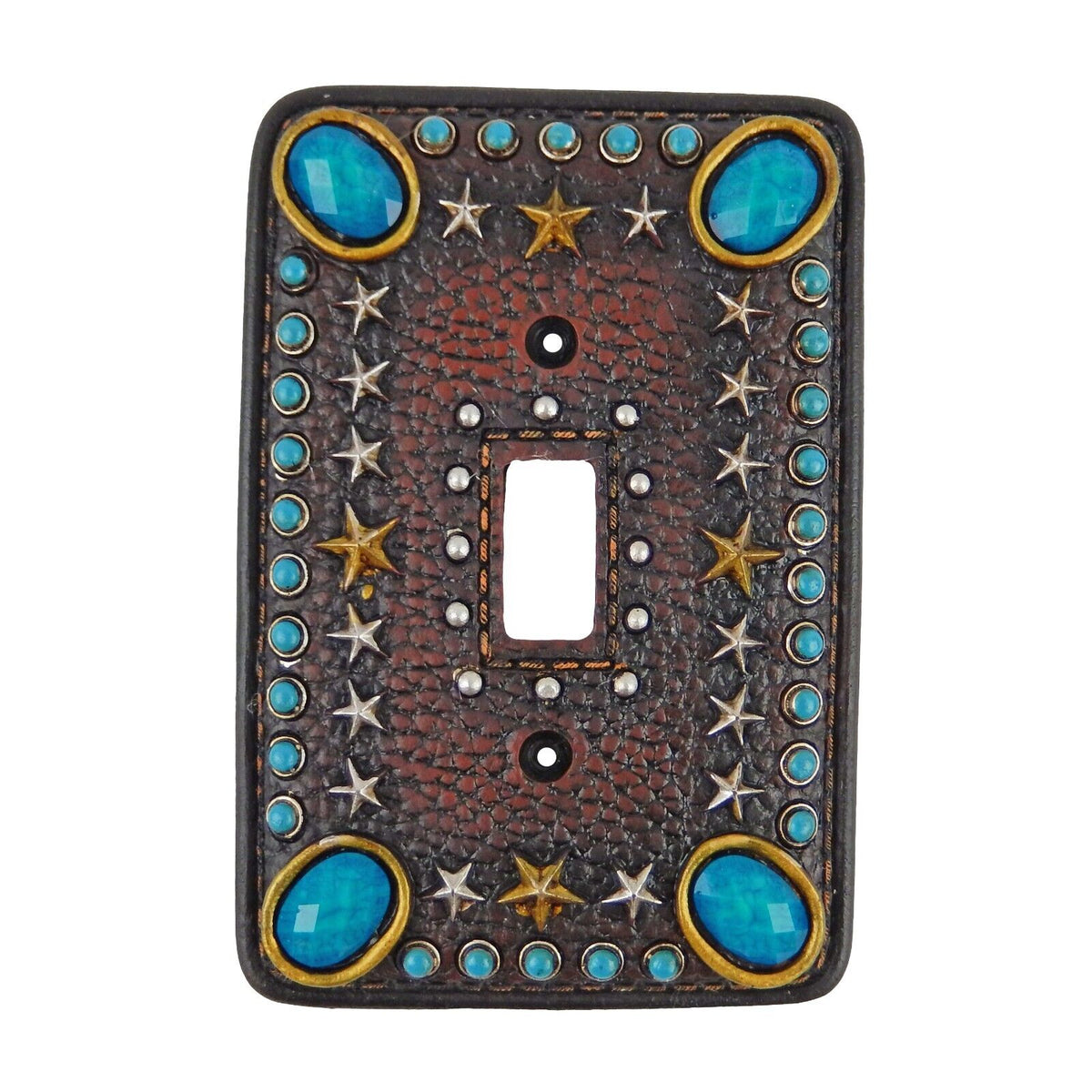 Western Switch Outlet Wall Plate Cover Turquoise Stars Leather Look Gold Silver