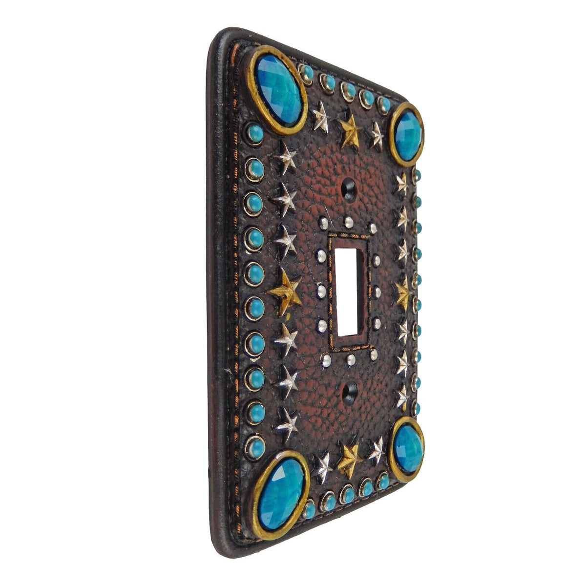 Western Switch Outlet Wall Plate Cover Turquoise Stars Leather Look Gold Silver