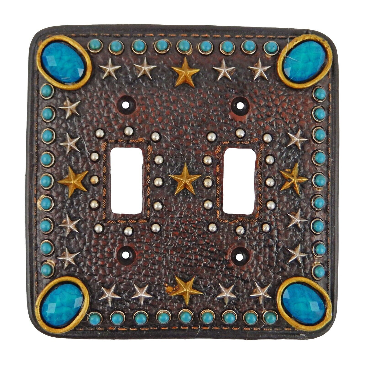 Western Switch Outlet Wall Plate Cover Turquoise Stars Leather Look Gold Silver