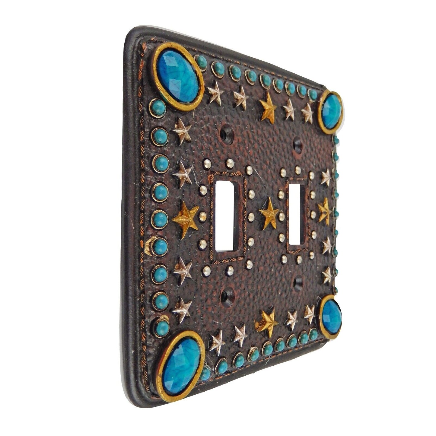 Western Switch Outlet Wall Plate Cover Turquoise Stars Leather Look Gold Silver