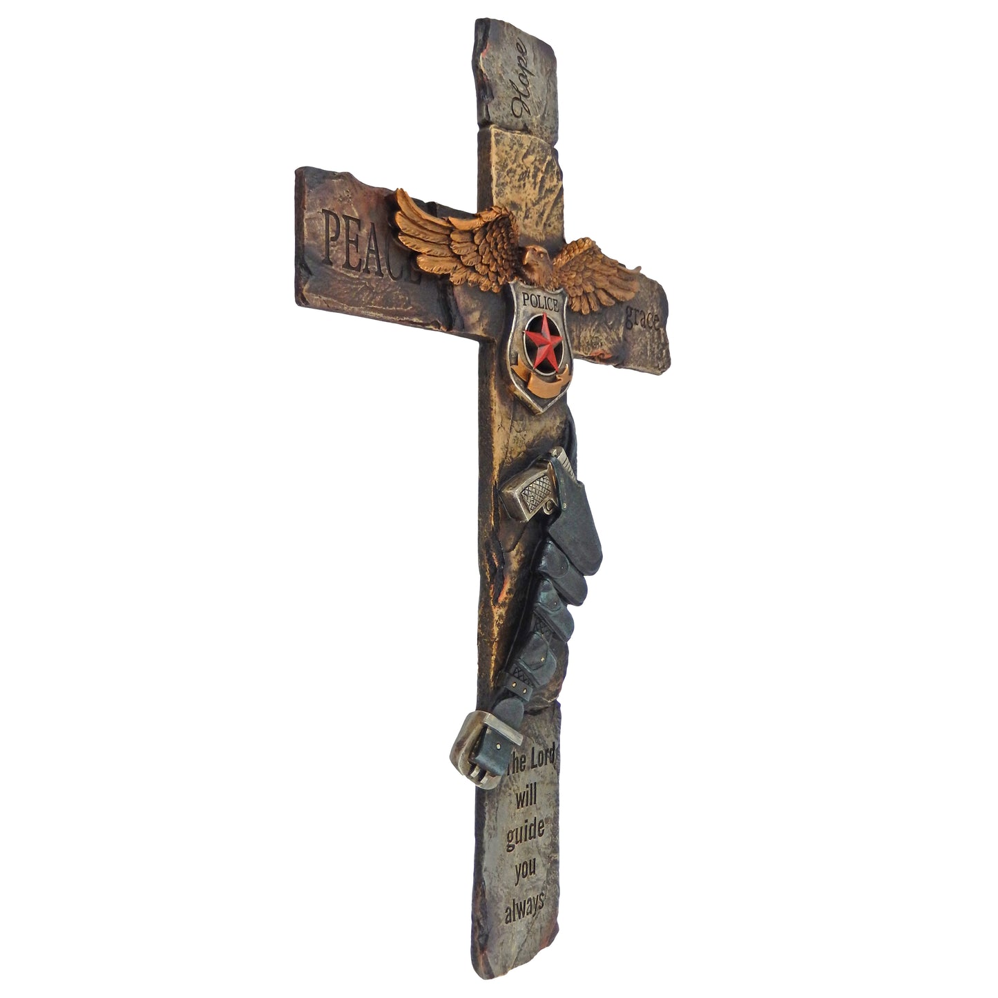 Large Inspirational Policeman Wall Cross American Eagle Engraved Stone Look 20 inch