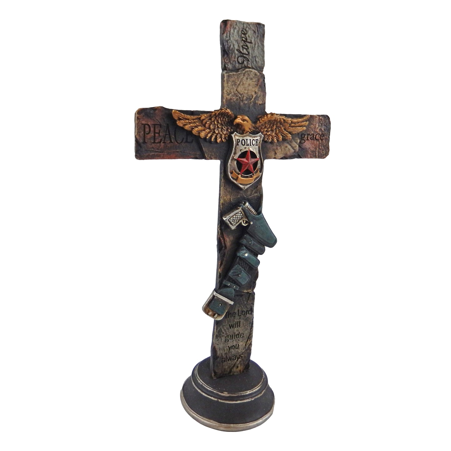 Policeman Standing Pedestal Shelf Cross Inspirational American Eagle Holster 13 inch