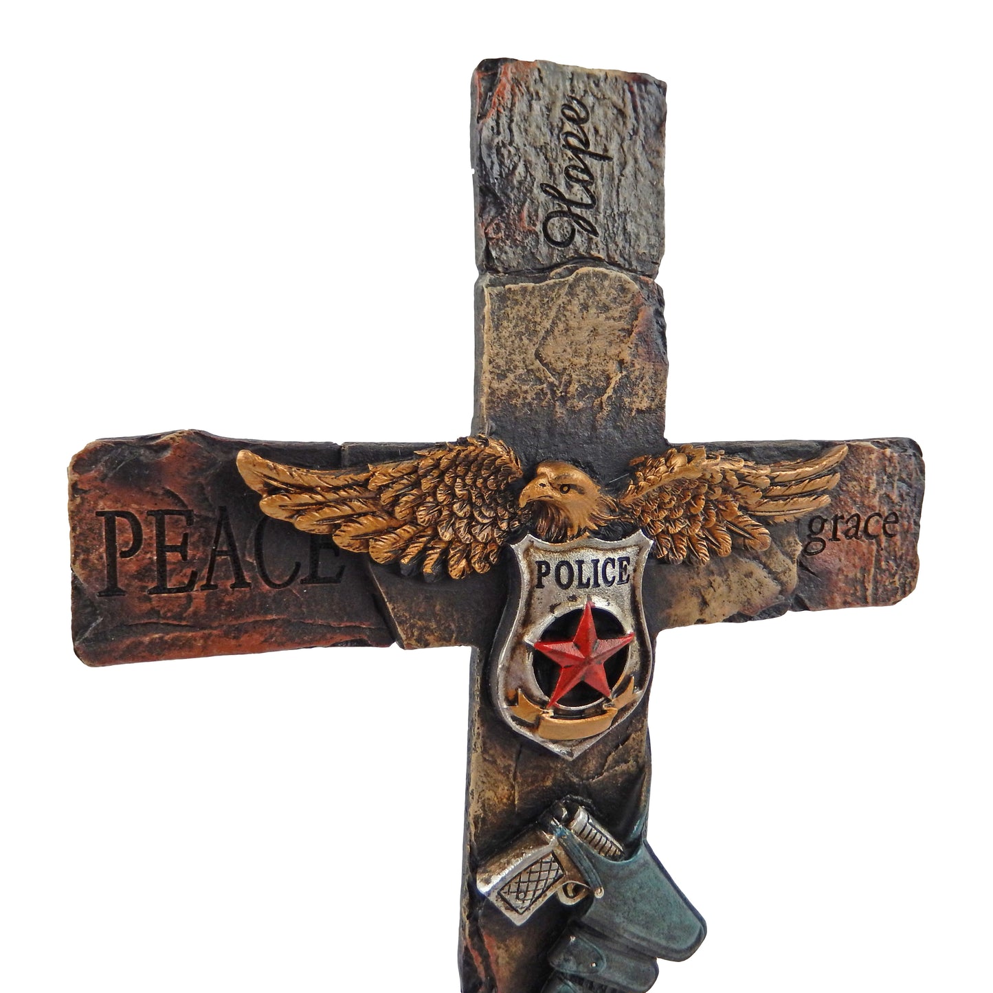 Policeman Standing Pedestal Shelf Cross Inspirational American Eagle Holster 13 inch