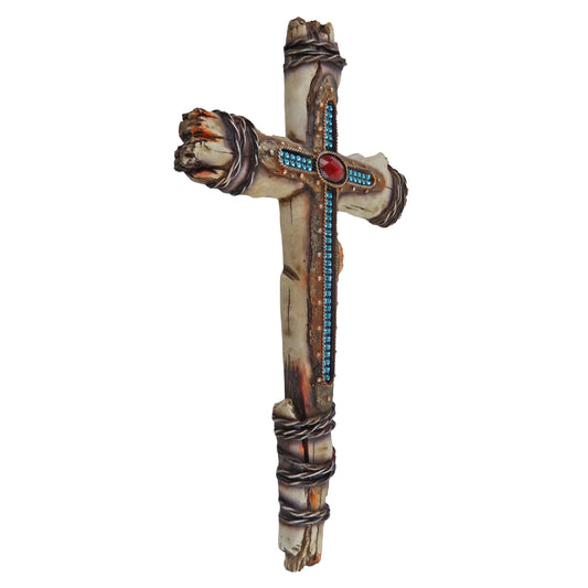 Red Stone Wall Cross Faux Wood Look Wrapped Faux Wire Blue Stone Inlay Layered