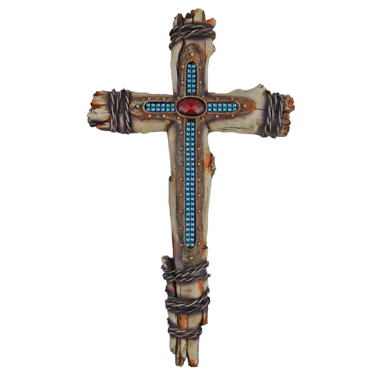Red Stone Wall Cross Faux Wood Look Wrapped Faux Wire Blue Stone Inlay Layered