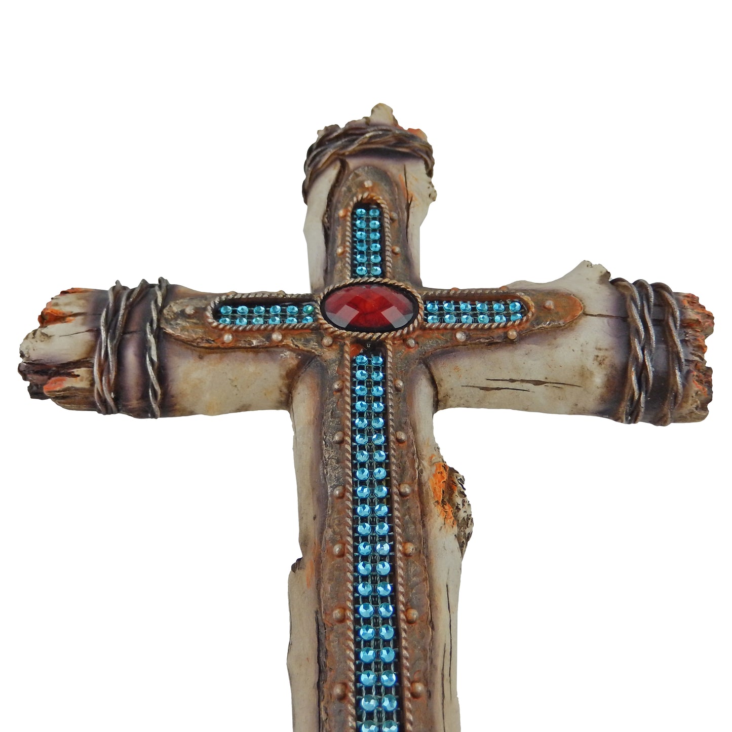 Red Stone Wall Cross Faux Wood Look Wrapped Faux Wire Blue Stone Inlay Layered
