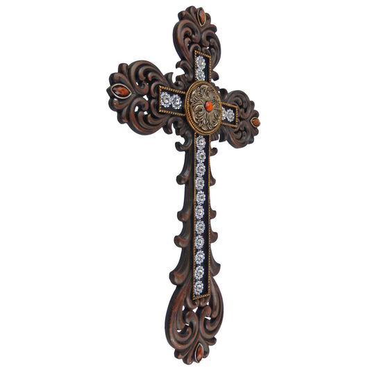 Fleur De Lis Stones Scrolls Decorative Wall Cross Floral Pattern Rhinestones 16 in