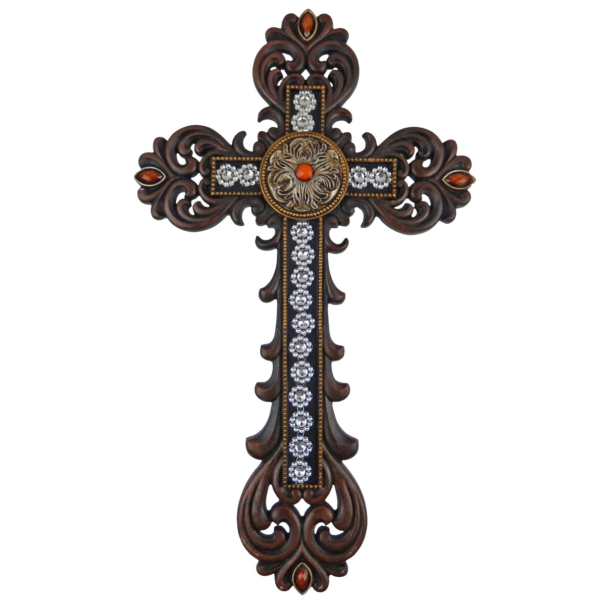 Fleur De Lis Stones Scrolls Decorative Wall Cross Floral Pattern Rhinestones 16 in