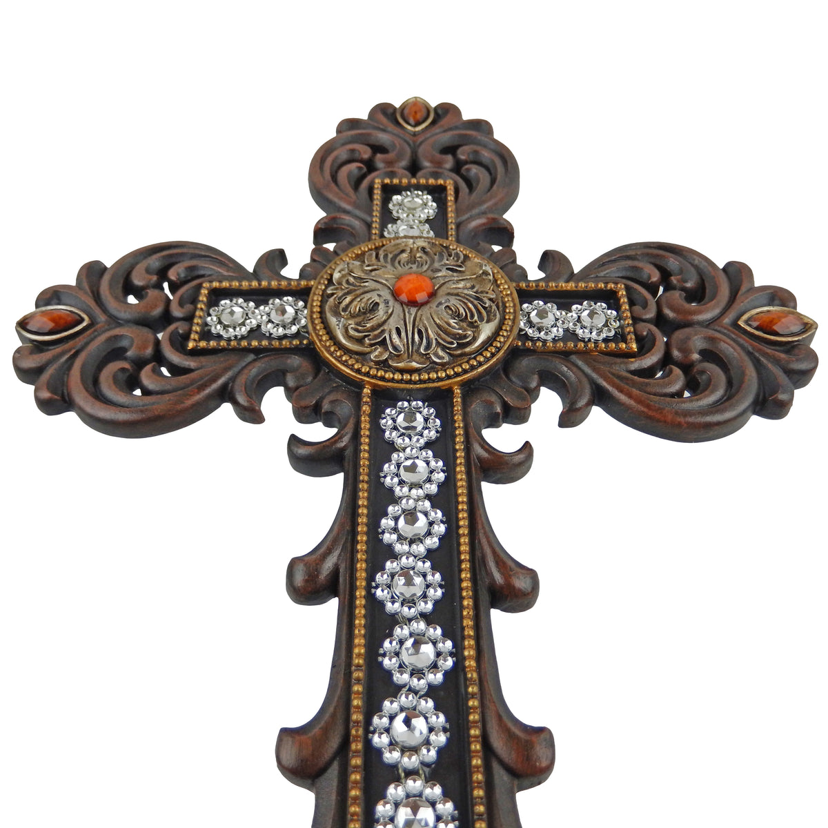 Fleur De Lis Stones Scrolls Decorative Wall Cross Floral Pattern Rhinestones 16 in