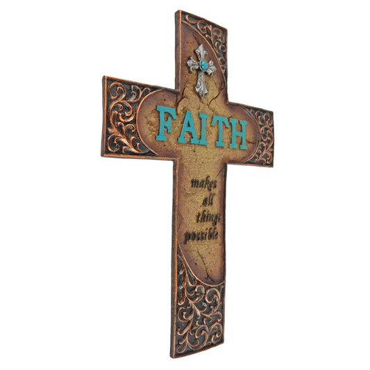 Faith Makes All Things Possible Scrolls Wall Cross Turquoise Accents Stone Look