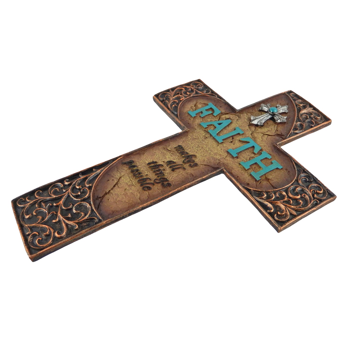 Faith Makes All Things Possible Scrolls Wall Cross Turquoise Accents Stone Look