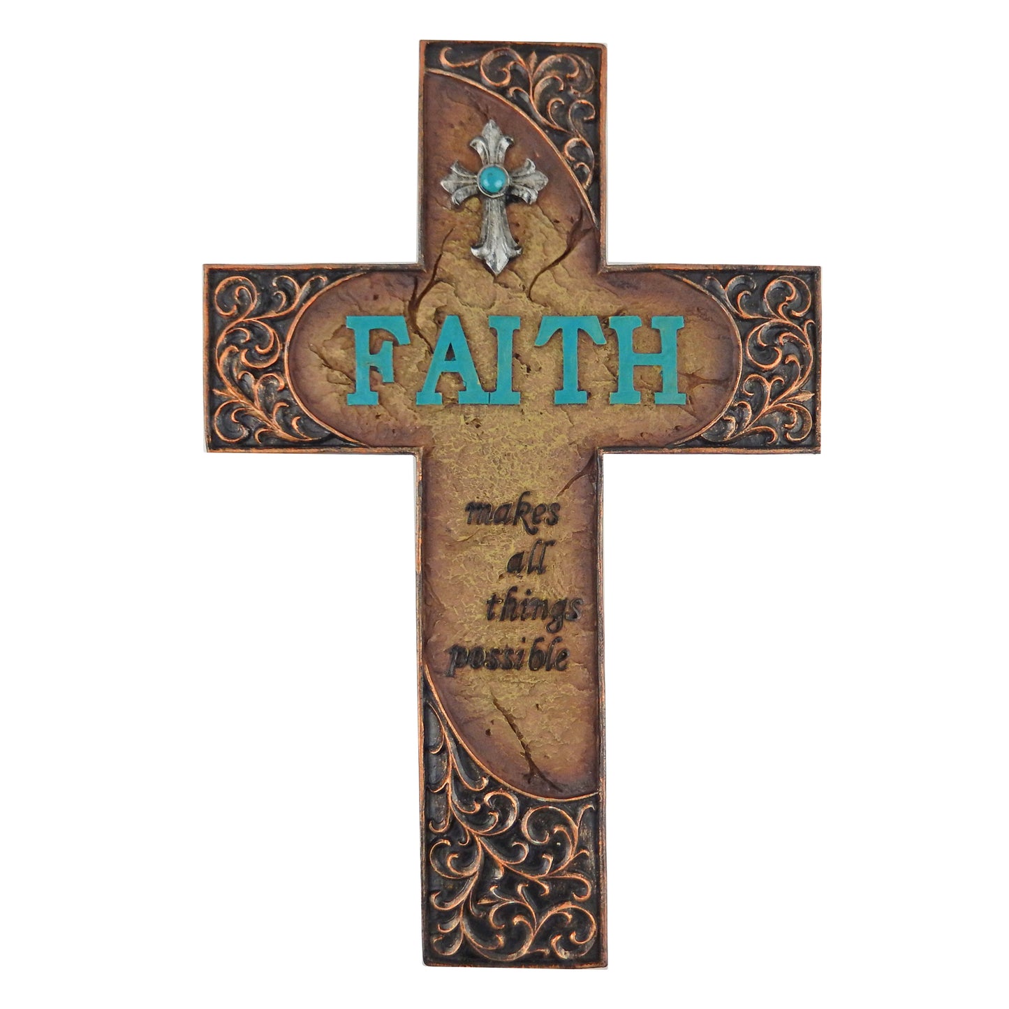 Faith Makes All Things Possible Scrolls Wall Cross Turquoise Accents Stone Look