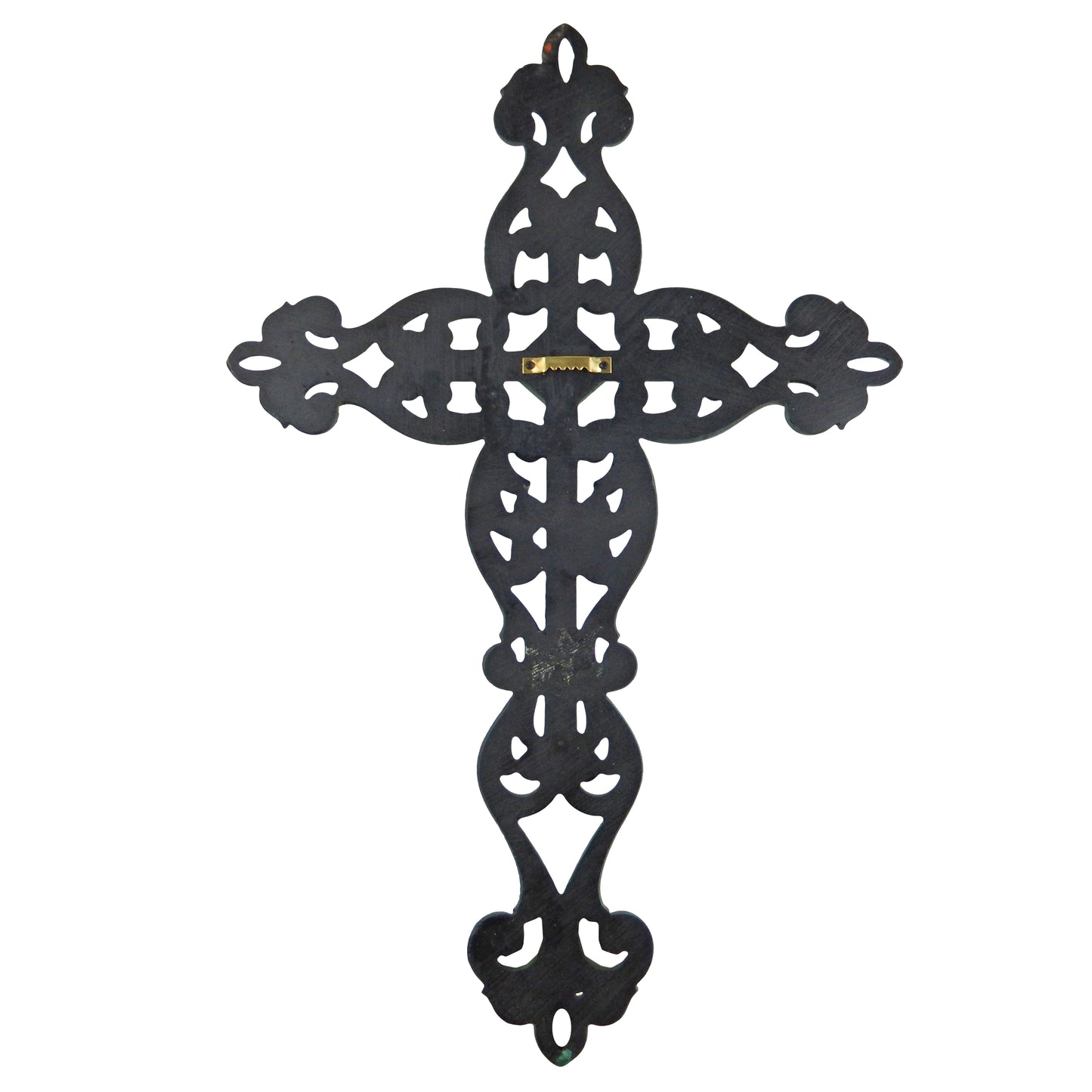Fleur De Lis Wall Cross Scrolls Accent Distressed Green Turquoise Diamond 19.25"