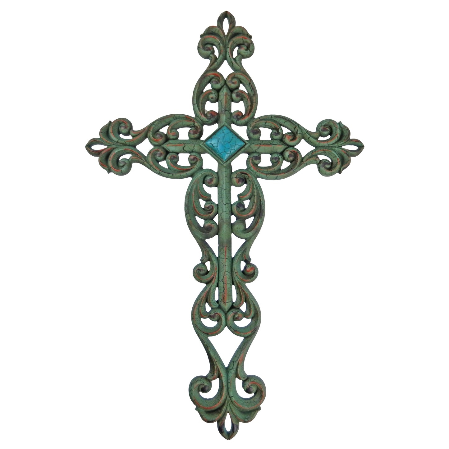 Fleur De Lis Wall Cross Scrolls Accent Distressed Green Turquoise Diamond 19.25"