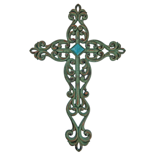 Fleur De Lis Wall Cross Scrolls Accent Distressed Green Turquoise Diamond 19.25"