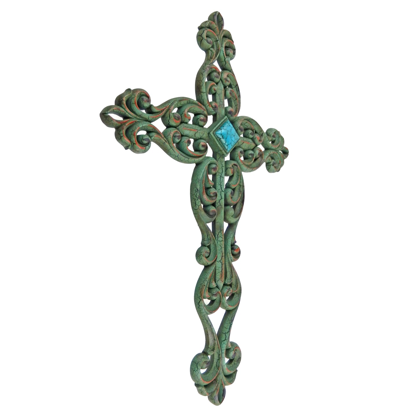 Fleur De Lis Wall Cross Scrolls Accent Distressed Green Turquoise Diamond 19.25"