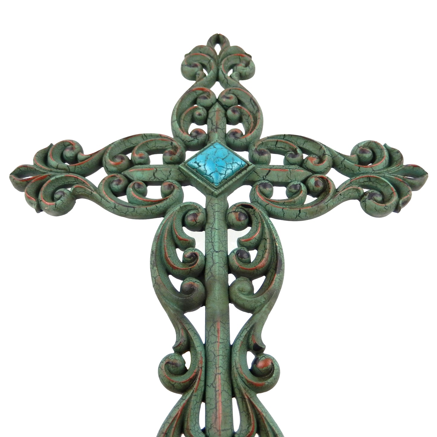 Fleur De Lis Wall Cross Scrolls Accent Distressed Green Turquoise Diamond 19.25"