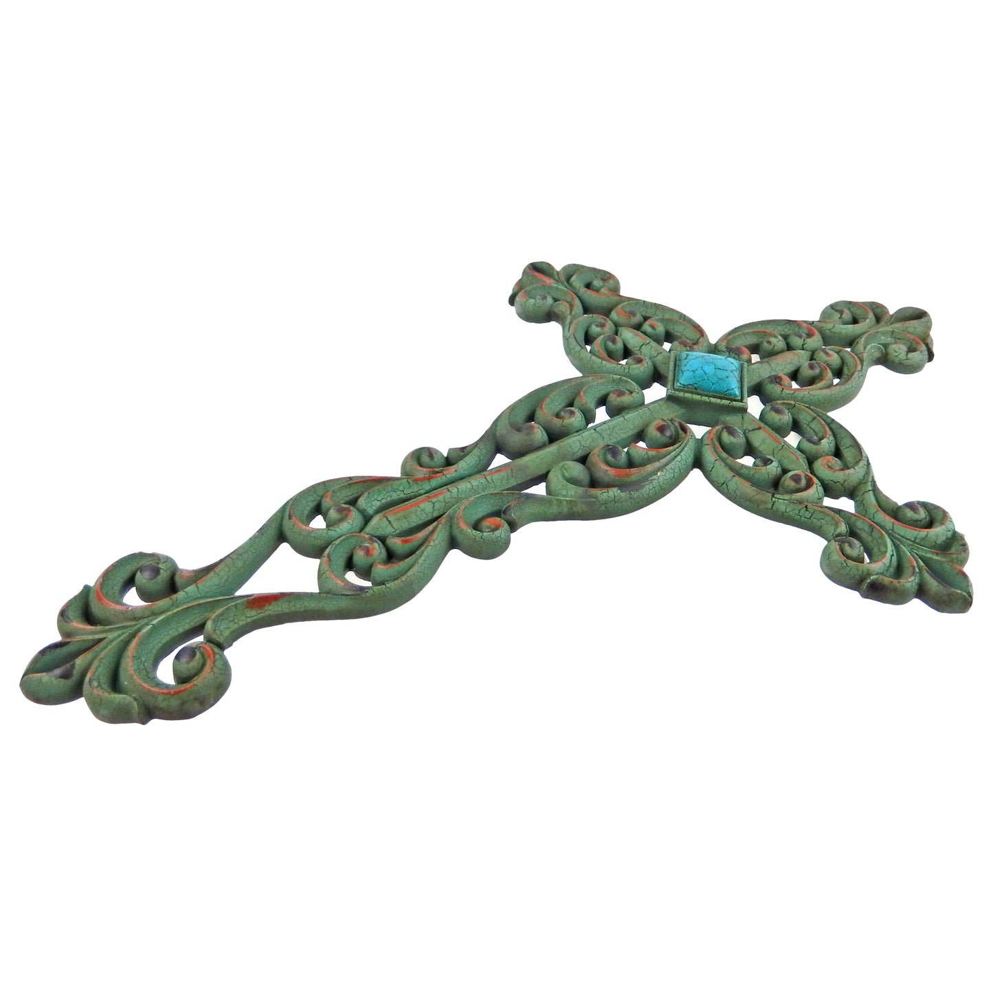 Fleur De Lis Wall Cross Scrolls Accent Distressed Green Turquoise Diamond 19.25"