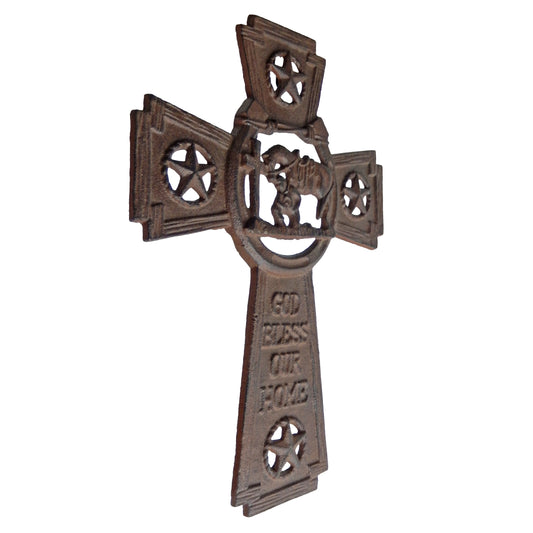 Cast Iron Stars God Bless Our Home Wall Cross Kneeling Cowboy With Horse Brown