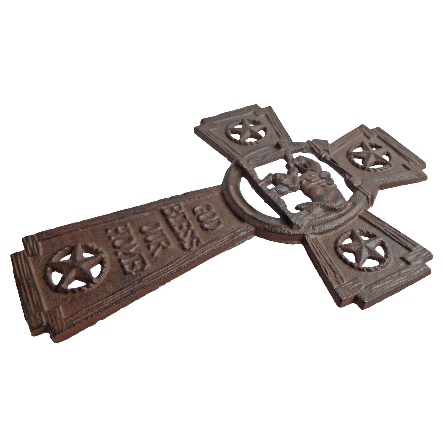 Cast Iron Stars God Bless Our Home Wall Cross Kneeling Cowboy With Horse Brown