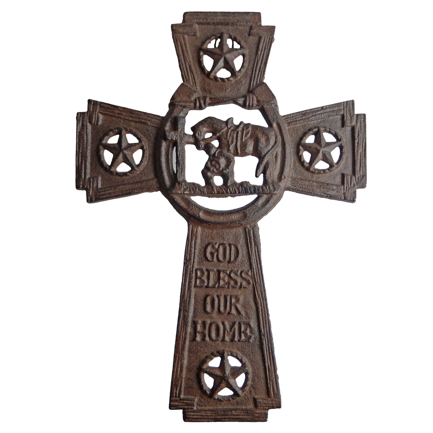 Cast Iron Stars God Bless Our Home Wall Cross Kneeling Cowboy With Horse Brown