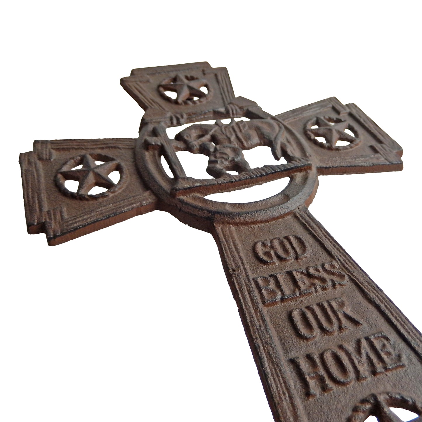 Cast Iron Stars God Bless Our Home Wall Cross Kneeling Cowboy With Horse Brown