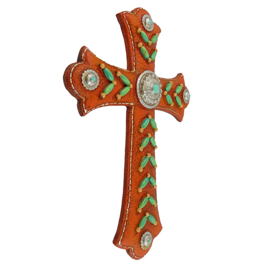 Southwestern Turquoise Beads Wall Cross Brown Leather Look Silver Conchos 11.75 inch