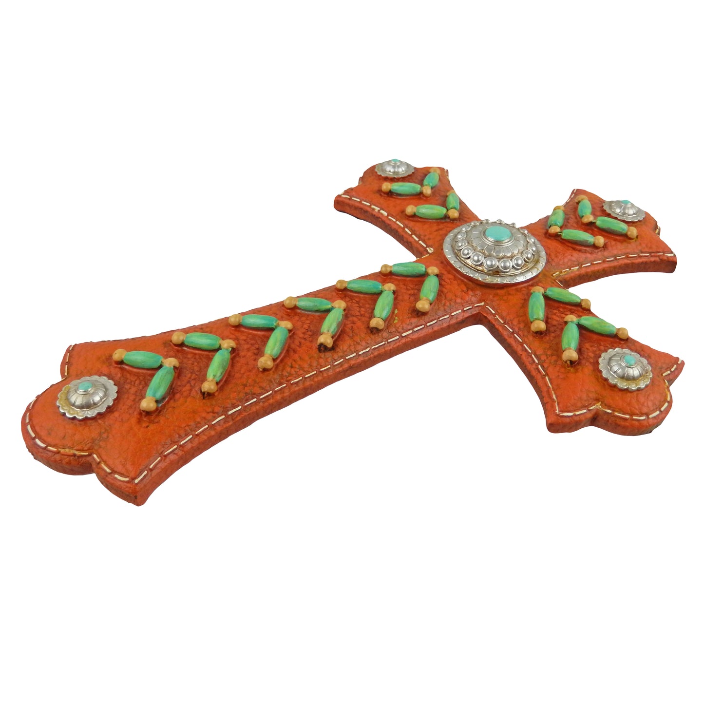 Southwestern Turquoise Beads Wall Cross Brown Leather Look Silver Conchos 11.75 inch