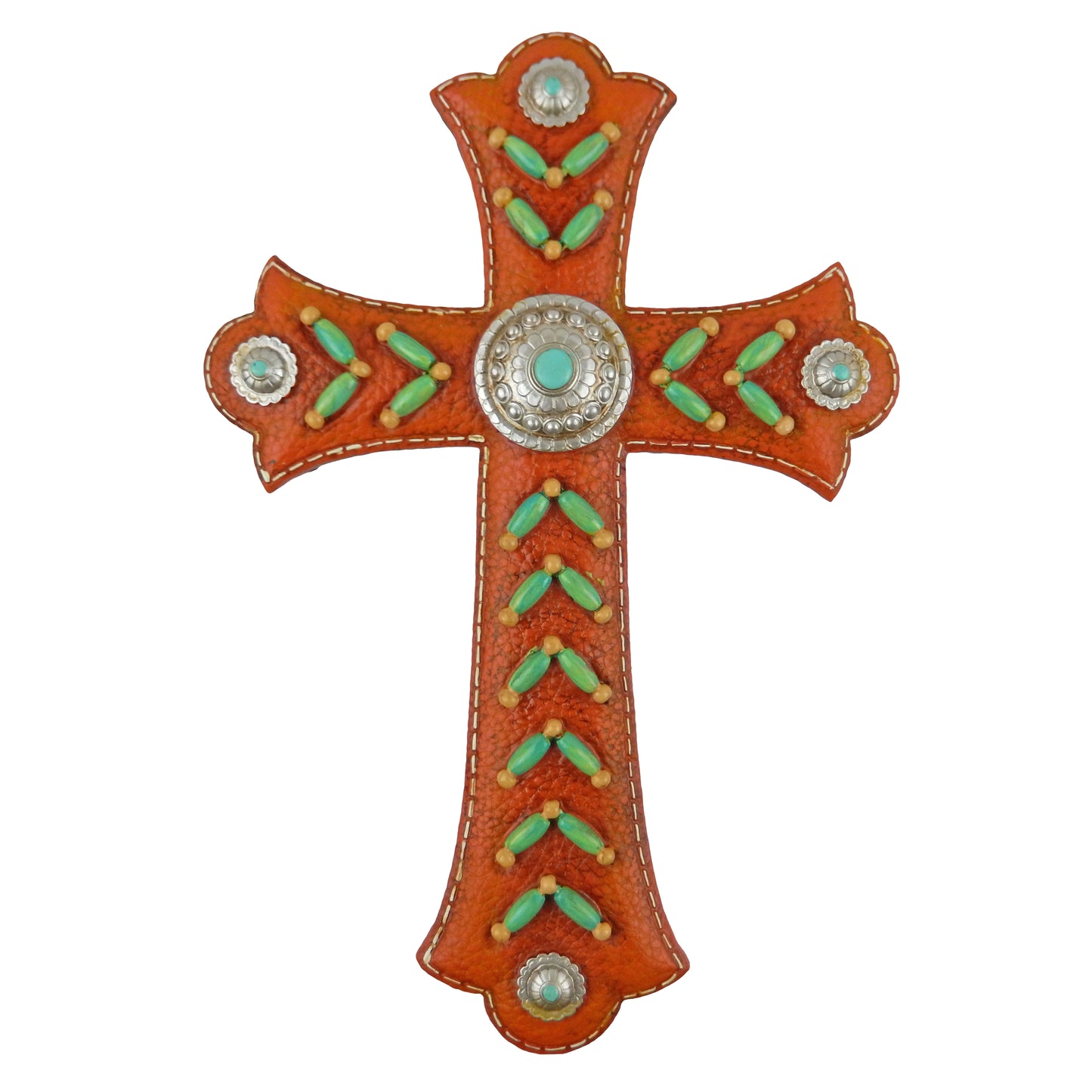 Southwestern Turquoise Beads Wall Cross Brown Leather Look Silver Conchos 11.75 inch
