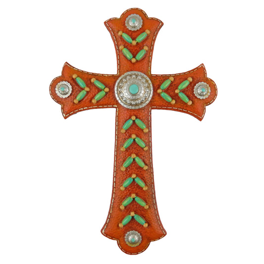 Southwestern Turquoise Beads Wall Cross Brown Leather Look Silver Conchos 11.75 inch