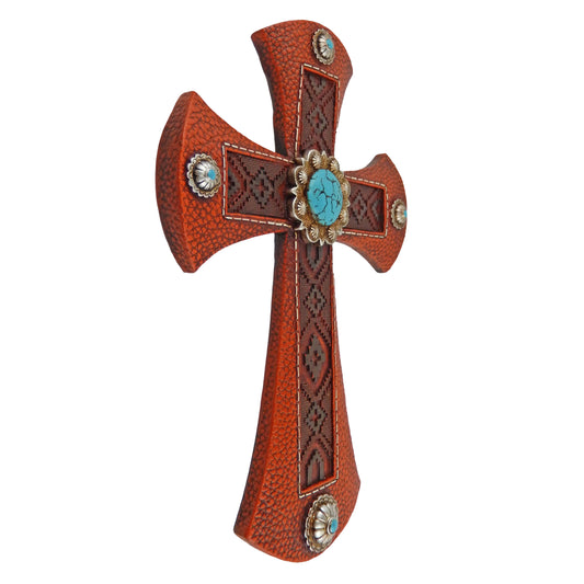 Southwestern Aztec Wall Cross Turquoise Silver Concho Brown Leather Look 11.75 inch