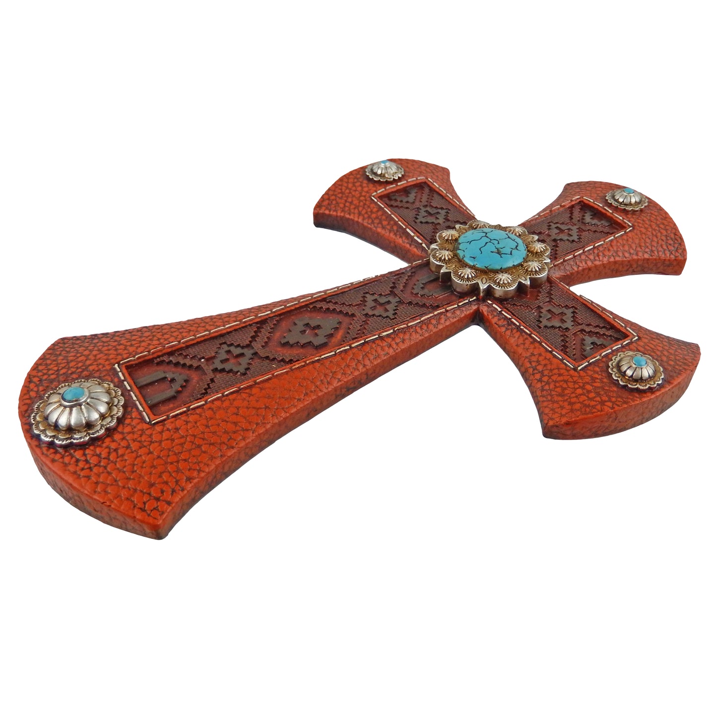 Southwestern Aztec Wall Cross Turquoise Silver Concho Brown Leather Look 11.75 inch
