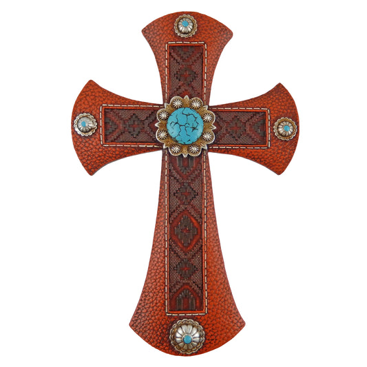Southwestern Aztec Wall Cross Turquoise Silver Concho Brown Leather Look 11.75 inch