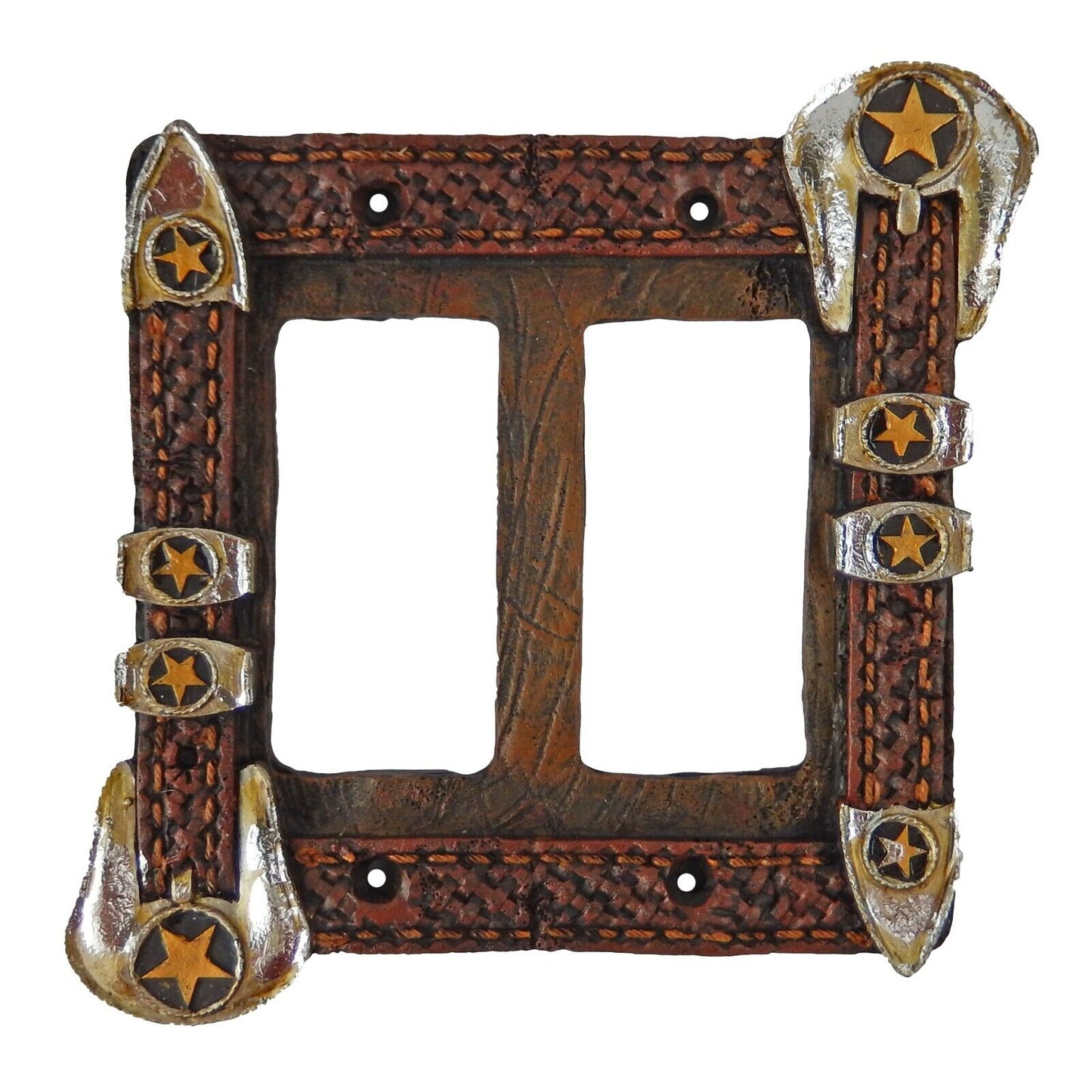 Western Silver Belt Buckle Stars Wall Plate Cover Rustic Double Rocker Switch