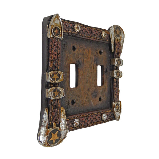 Western Silver Belt Buckle Stars Wall Plate Cover Rustic Double Toggle Switch
