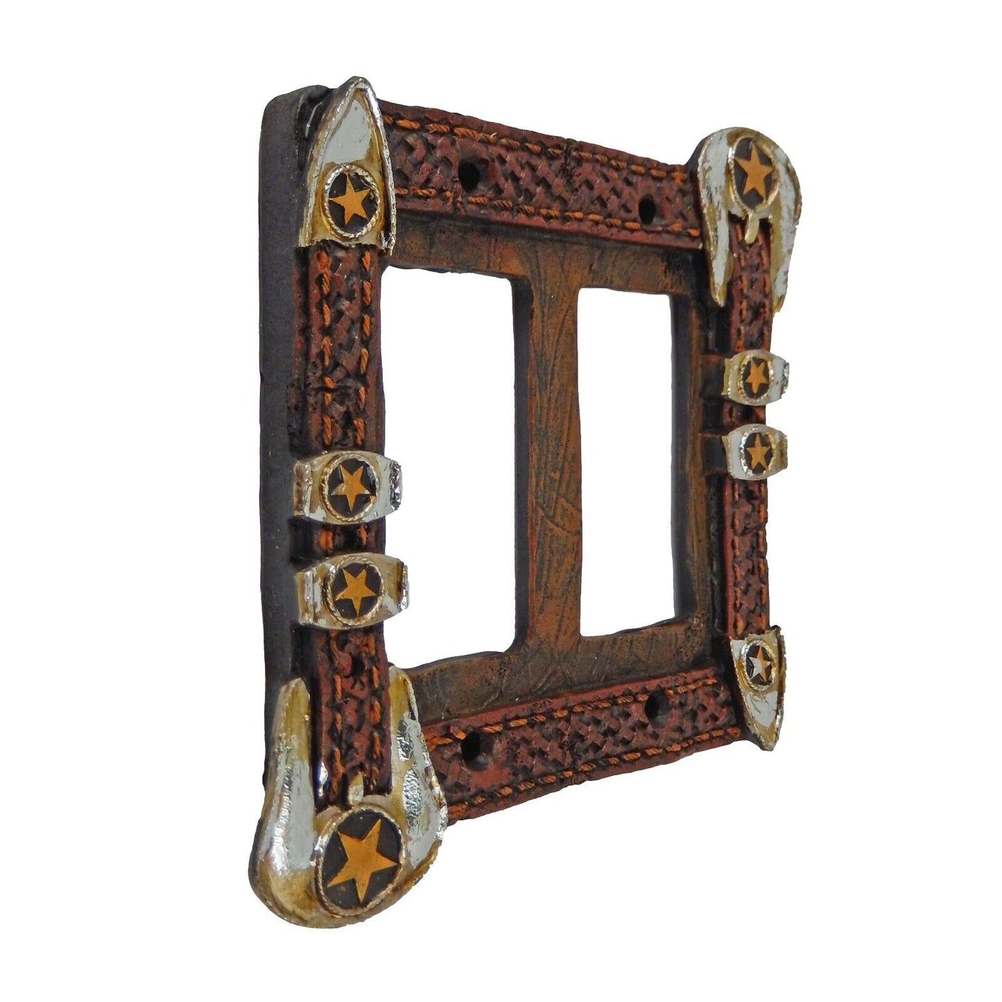 Western Silver Belt Buckle Stars Wall Plate Cover Rustic Double Rocker Switch