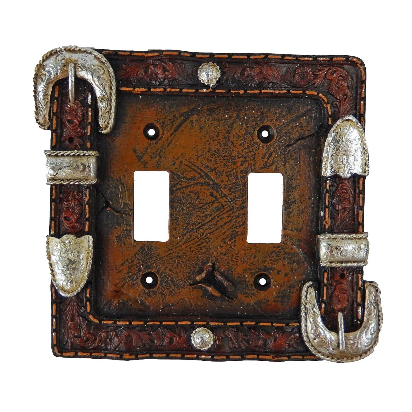 Western Silver Belt Buckle Wall Plate Cover Double Toggle Switch Leather Look