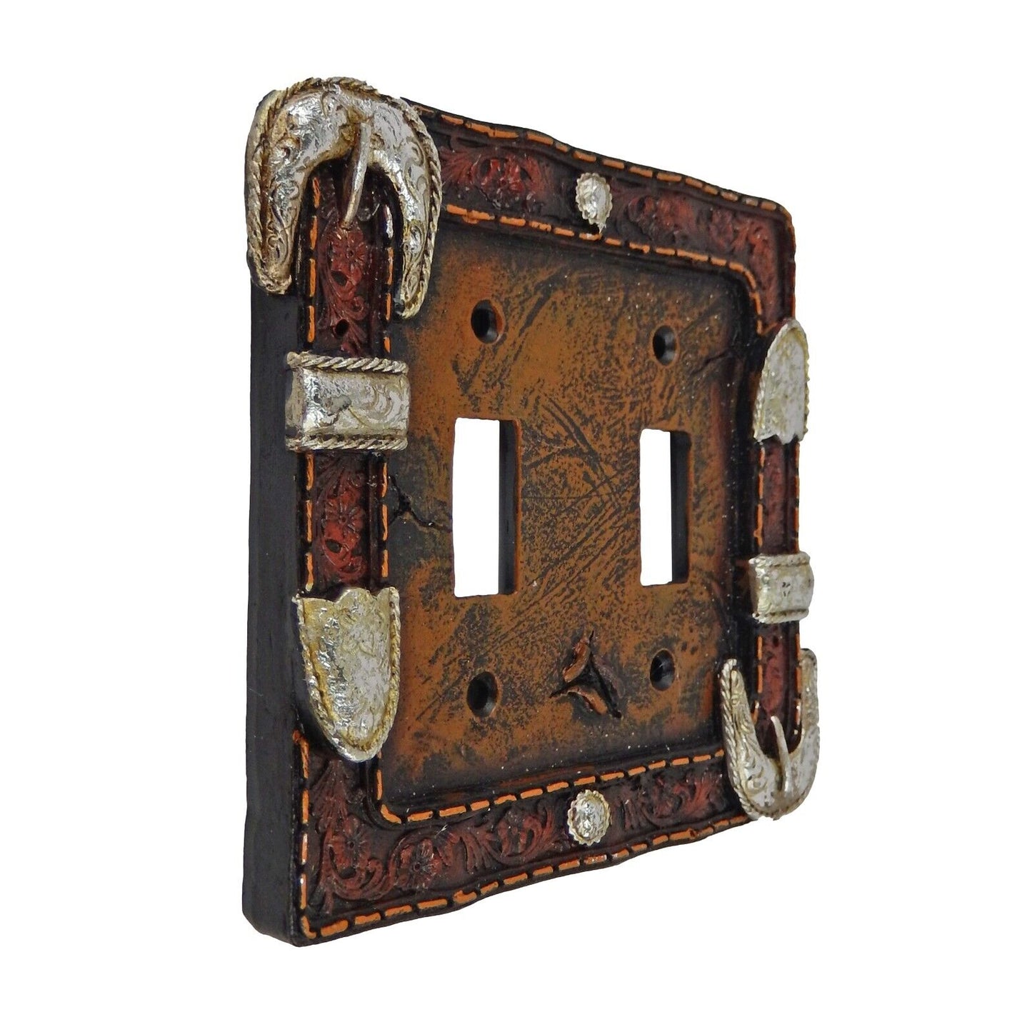 Western Silver Belt Buckle Wall Plate Cover Double Toggle Switch Leather Look