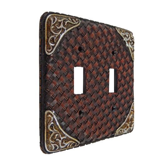 Western Weave Pattern Wall Plate Cover Double Toggle Switch Silver Accents